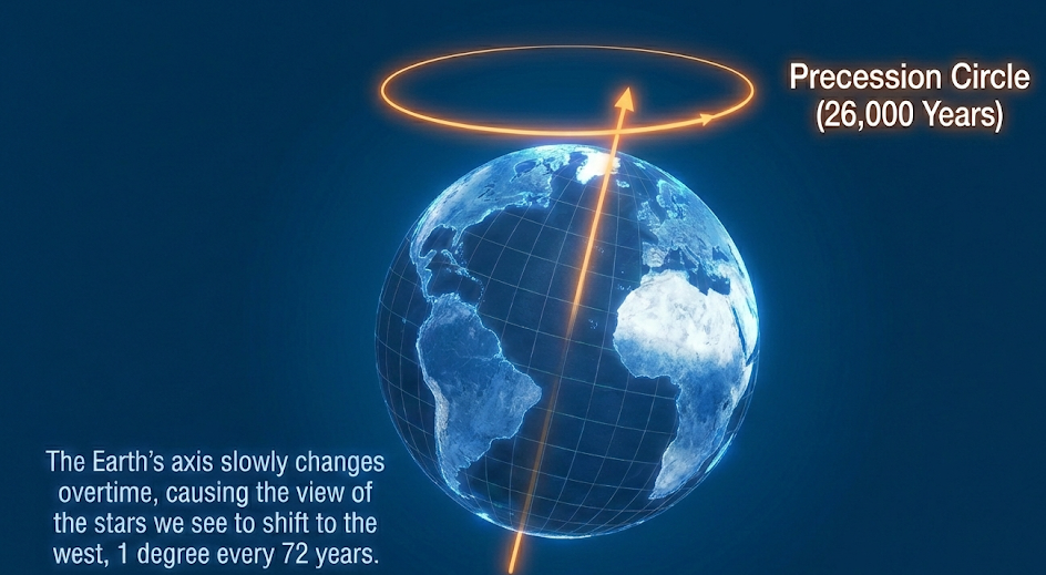 Precession Circle diagram showing Earth's axis wobbling over 26,000 years, causing stars to shift 1 degree every 72 years